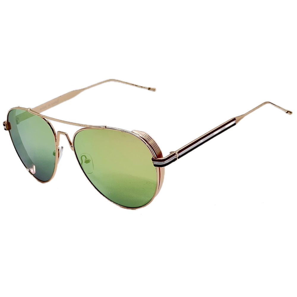Aviator Sunglasses Gold‎ Frame Pink Mirrored Lens Striped Temple Detail Lentes